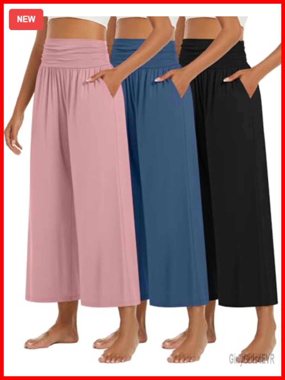Wide Leg Capri Pants High Waisted Pleated Pull On Women's Lounge Yoga